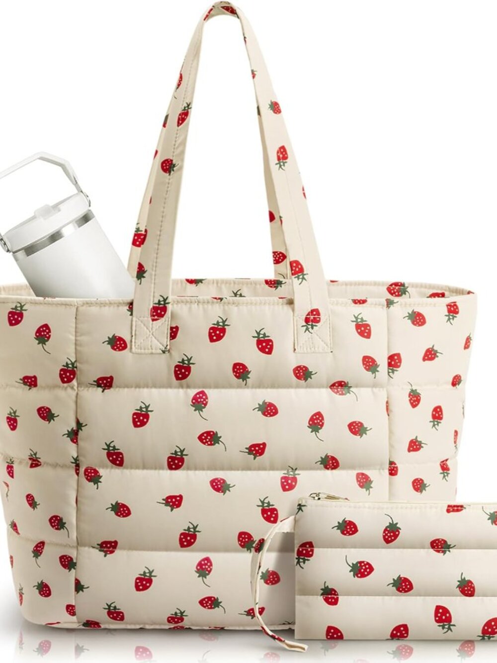 Puffer Tote Bag with Pouch, Women's Lightweight Quilted Shoulder Bag, 15.6"/17.3